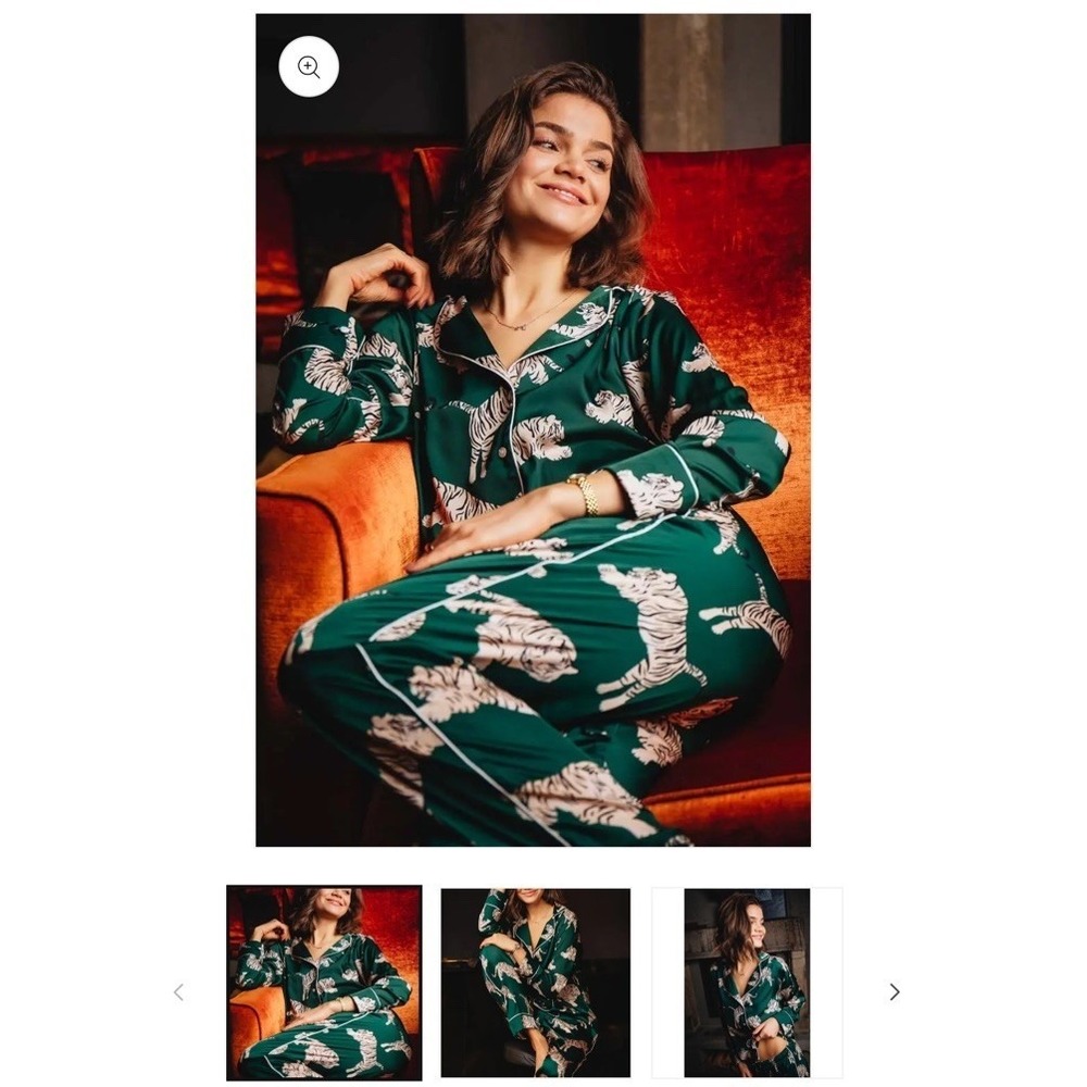Averie Sleep Zola Tiger Print Satin Pajama Set XL Green NWT Button Front Lounge